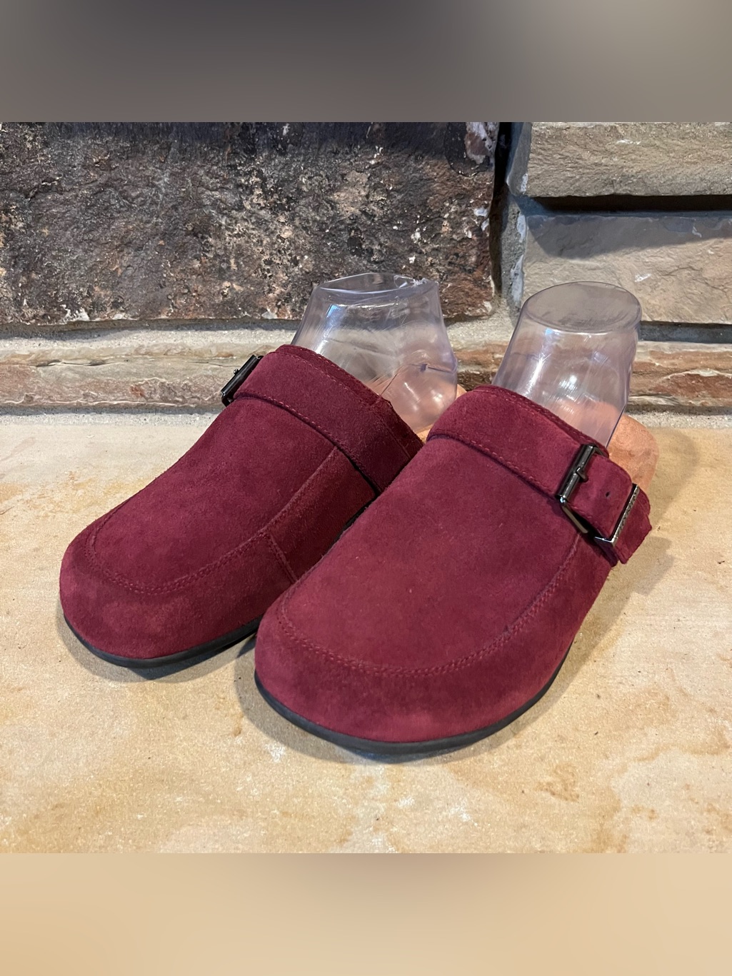 Vionic Tanya Burgundy Suede Slip-On Clogs With Buckle